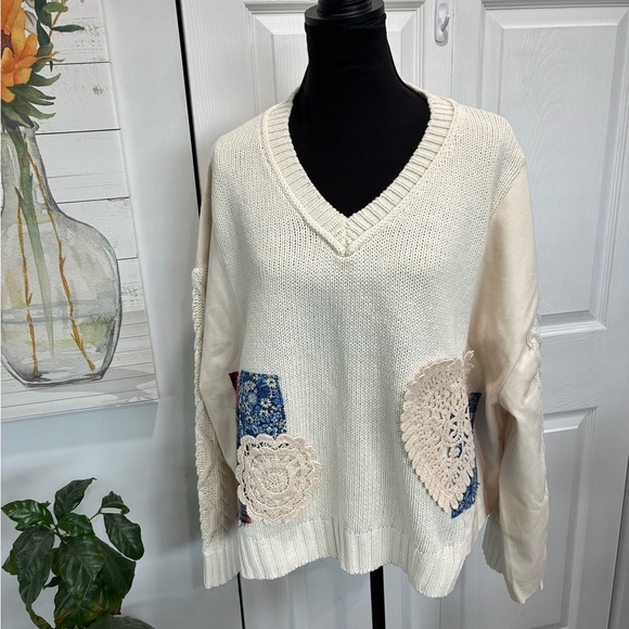 POL Sweaters - POL Cream V-Neck Sweater with Lace and Denim Accents
